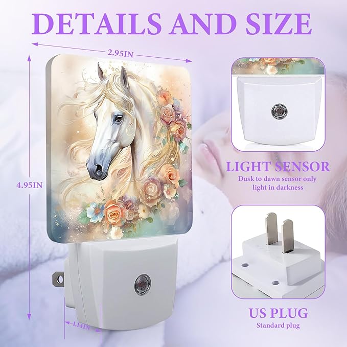 White Horse Night Light,Floral Night Lights Plug into Wall,Led Lamp for Stairway/Hallway/Bedroom 0.5W Nightlight Sleep Friendly