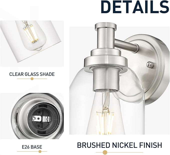 zeyu Industrial Brushed Nickel Sconces Set of 2, Bathroom Wall Sconce with Clear Glass Shade, Indoor Sconces Wall Lighting for Bedroom Living Room Mirror, ZG33B-2 BN