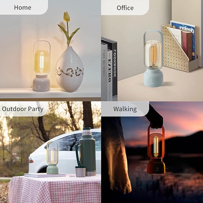 Retro Cordless Lantern Table Lamp, 40 Hours Long Lasting Dimming Night Light, Small Rechargeable Battery Operated Light for Nightstand, Decoration, Gift- Green