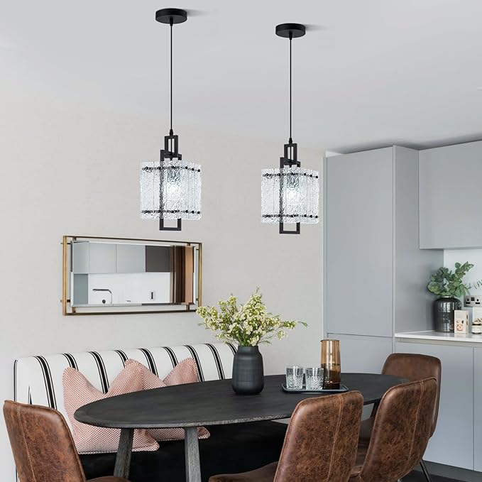Pendant Lights Kitchen Island,Black Pendant Light Fixtures with Water Ripple Glass, Modern Pendant Lighting for Dining Room