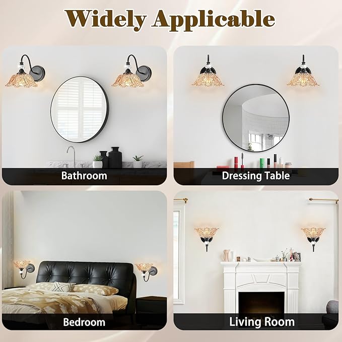 Black Bathroom Vanity Light, 2-Light Vanity Light with Floral Amber Glass Shades,Vintage Farmhouse Wall Mount Lighting for Bathroom, Dressing Table
