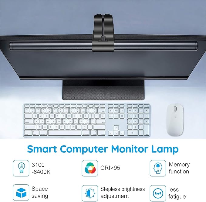 OOWOLF Monitor Light Bar with Backlight CRI≥95, Screen Light Bar, Desk Lamp for Eye-Caring, Flicker Free, 3-Color Mode, Memory Dimming, e-Reading Task Lamp,Computer Lights for Home Office