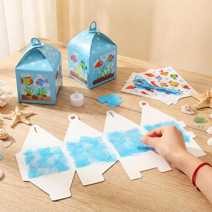 12 Sets Under The Sea Crafts with LED Candle Light DIY Summer Fish Fishbowl Tissue Paper Crafts Kits Make Your Own Under The Sea Party Aquarium for Summer Home Activities