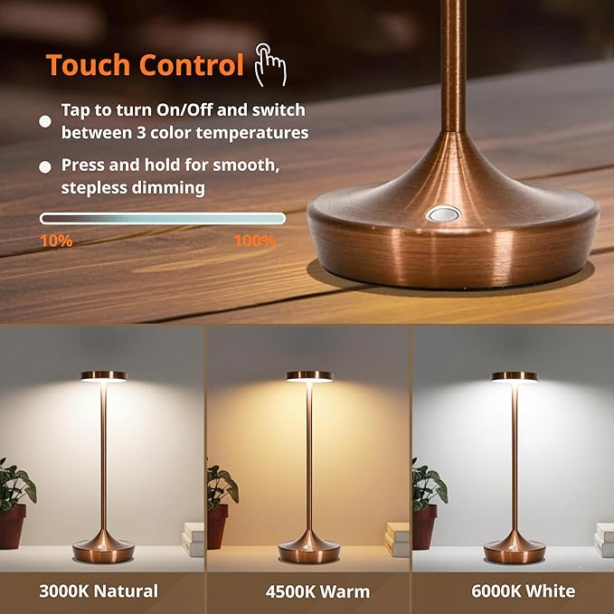 Cordless Table Lamp Rechargeable - 6000mAh LED Battery Operated Table Light - Portable Touch Dimmable Outdoor Waterproof Table Lamps for Patio Bar Restaurant Dining (2 Brown)