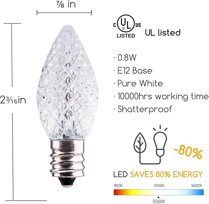25 Pack C7 LED Replacement Christmas Light Bulbs for Light Strand and Christmas String Lights, Plastic Shatterproof Dimmable Holiday C7 Bulbs for E12 Base Sockets, Commercial Grade, Pure White