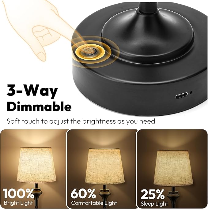 NIORSUN Portables Cordless Table Lamp Set of 2,10.2" Flaxen Fabric Shade Battery Operated Lamp,5200mAh Bedside Table Lamp with Warm White,3 Way Dimmable Touch Desk Lamp for Living Room (Black)