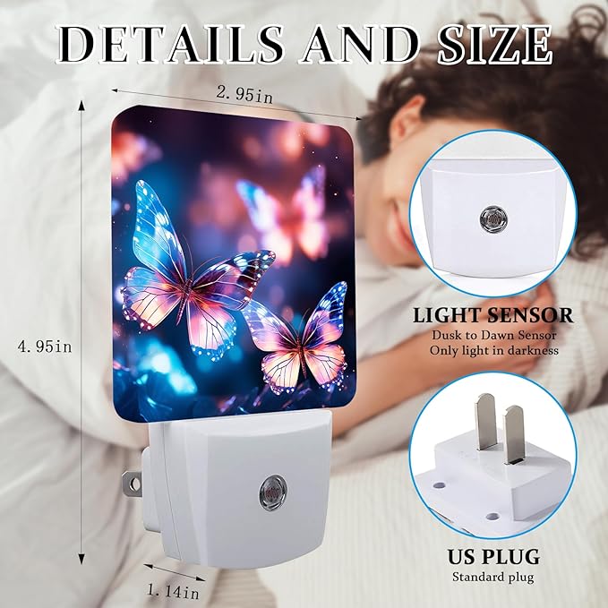 Blue Butterfly Night Light, Plug-into Wall Glitter Nightlight Lamp with Dusk to Dawn Sensor, Led Lamp 0.5W Energy Efficient for Boys Girls Adults Home Decor