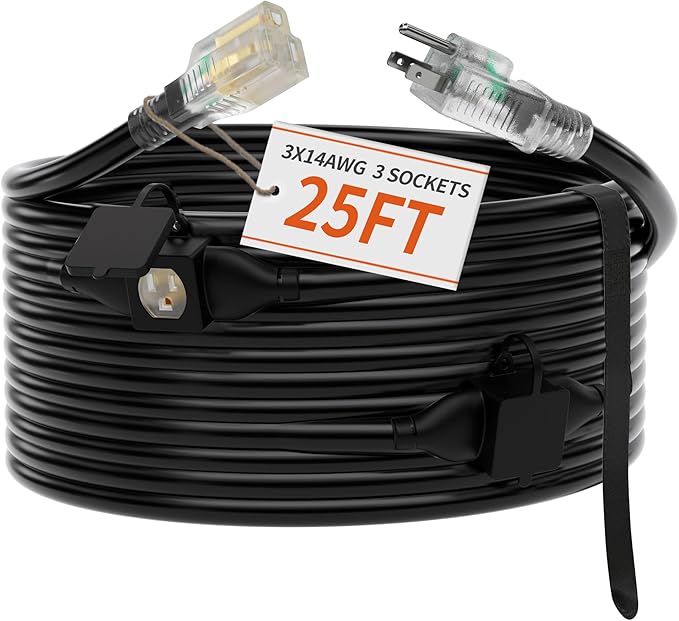25 FT Outdoor Extension Cord with Multiple Outlets, 14/3 Gauge Heavy Duty Extension Cord Evenly Spaced 3 Outlets Plugs Black with Lighted Waterproof, 15AMP 1875W 125V 14AWG SJTW, ETL Listed.