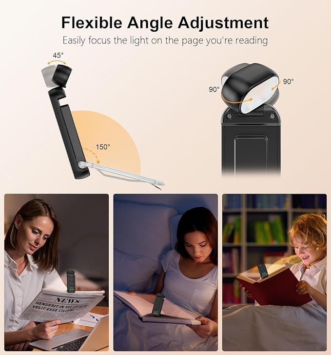 Gritin Reading Light, Book Light for Reading in Bed - Eye Caring 3 Colors, 5-Level Dimmable Brightness,Long Lasting, Compact Size Rechargeable Clip on Book Reading Light for Book Lovers-Black