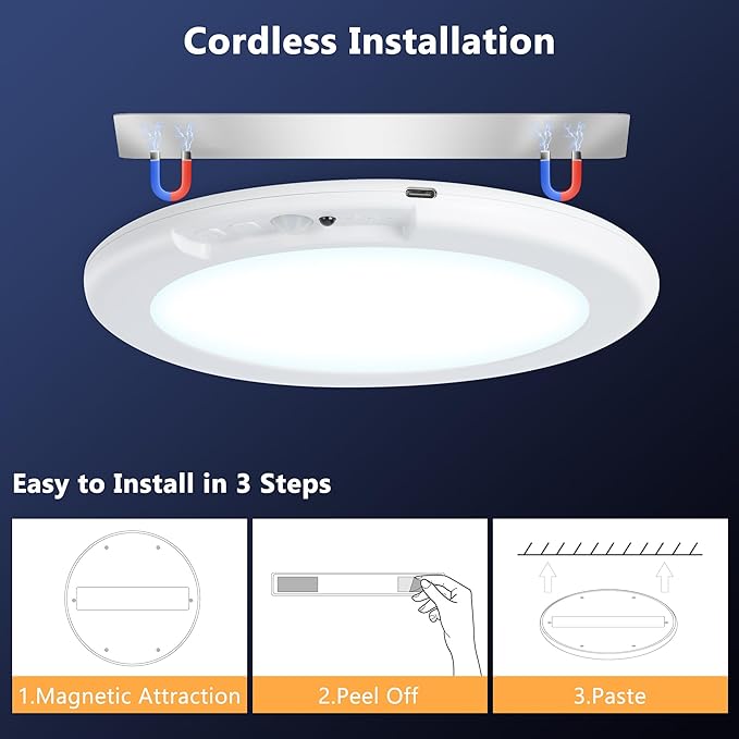 maylit 4 Pack Rechargeable Ceiling Lights, Motion Sensor Lights No Wiring, Wireless Closet Lights Battery Operated, for Bathroom Laundry Room Kitchen Porch Stair Hallway Shower Pantry Garage