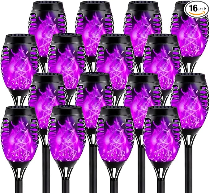 16 Pack Solar-Powered Flashlight Torches for Outdoor use, Dancing and Flickering Flame Torches for Landscape Decoration, Suitable for Paths, lawns, terraces (Purple)