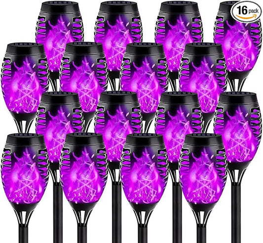 16 Pack Solar-Powered Flashlight Torches for Outdoor use, Dancing and Flickering Flame Torches for Landscape Decoration, Suitable for Paths, lawns, terraces (Purple)