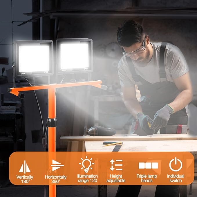 21000 Lumen Work Lights with Stand, 2 Adjustable Head LED Work Light, with Adjustable and Foldable Tripod Stand, Waterproof Lamp with Individual Switch with 6500 Kelvin Color Temperature