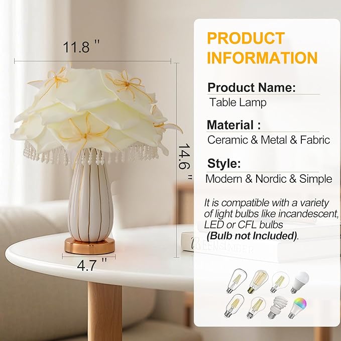 White Flower Girls Table Lamp Modern Princess Desk Lamp Cute Bow Bedside Lamp Nordic Nightstand Petal Light for Bedroom Valentines Dating Wedding Living Room Entry Office Study Room