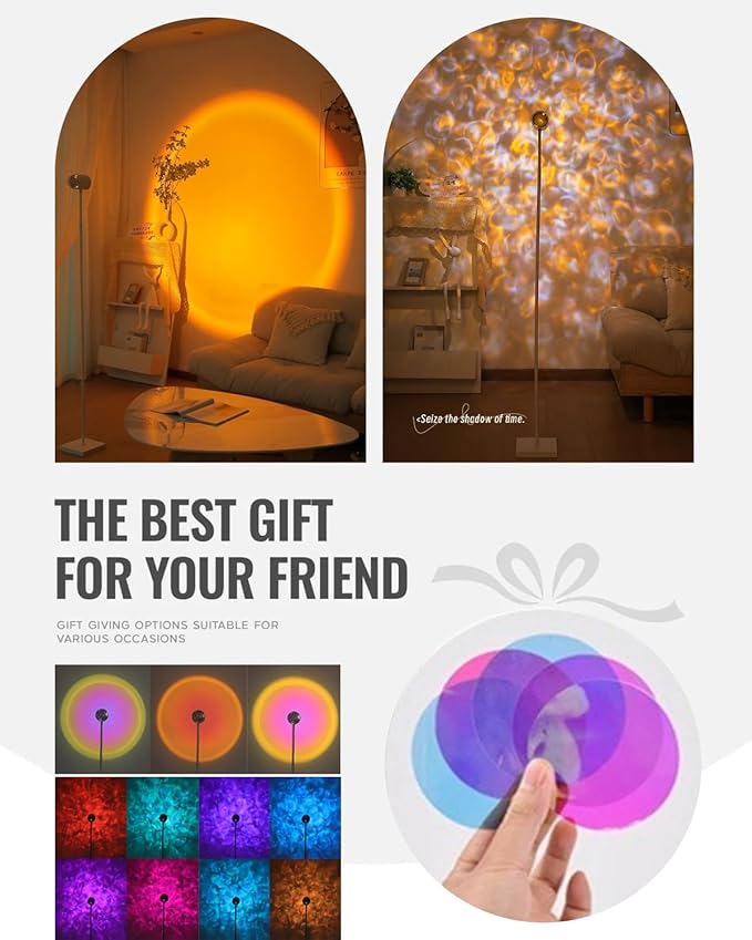 White Sunset Lamp, 360 Degree Rotation Projection Led Lights Night Light, Multicolor Colors 3D Ocean Wave Lights, Modern Floor Lamp for Living Room Bedroom Office Dining Room Ambient Lighting