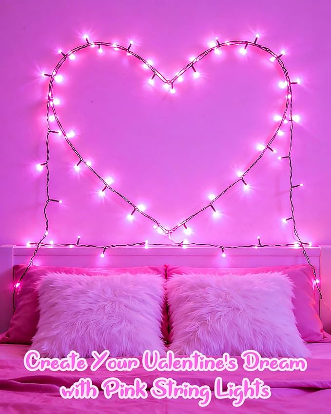 Pink String Lights Battery Operated, Valentine’s Day Lights with Timer Waterproof 9.8ft 30 LED Valentines Decorations for Outdoor Indoor Patio Party Garden Yard Decor 2 Packs