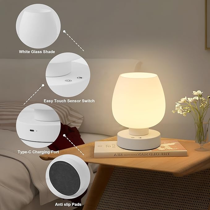 Cordless Touch Bedside Table Lamp Set of 2, Rechargeable Battery Operated Desk Lamps with 8 RGB Colors, Dimmable Small Glass Nightstand Light for Living Room Bedroom Kitchen Counter