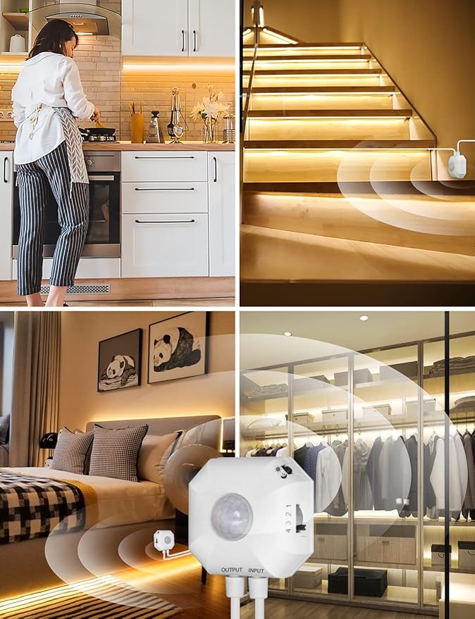 MATICOD Motion Sensor Lights Indoor Under Bed Lights, 3500K Motion Sensor Led Strip Lights for Bedroom, Warm White Under Cabinet Lights for Kitchen, Closet, Stair Night Light, 16.4ft NO APP