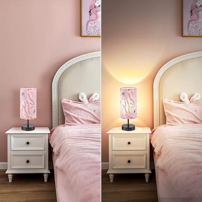 Touch Control Bedside Lamp with 2 USB Ports, 3-Way Dimmable Table lamp for Bedroom, Nightstand Lamp with Round Pink Flower Fabric Shade for Living Room Home Office (E26 LED Bulb Included)