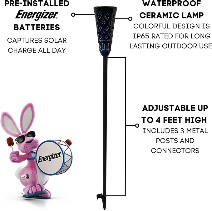 Energizer Ceramic Solar Tiki Torches - LED Solar Outdoor Lights with Flickering Flame for Garden Decor - Solar Garden Lights IP65 Waterproof Solar Powered Outdoor Lights - 2 Pack (Blue)