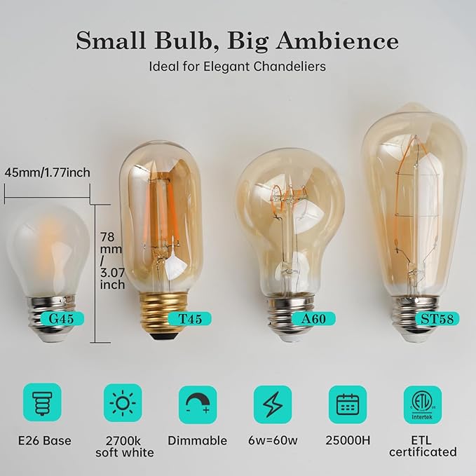 Vintage Edison LED Short Bulb 60W E26 Standard Base Dimmable G45 Small Globe 2700K Soft White 60watt Round Light Bulb Ideal for Home Lighting Fixtures Create Cozy Ambiance in Living Rooms and Bedrooms