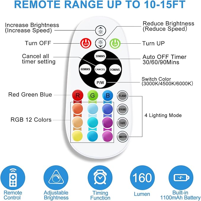 Under Cabinet Lighting Wireless with Remote, 48 LED Rechargeable Under Cabinet Lights, Kitchen Counter Lights Dimmable LED Closet Light RGB Bar for Shelf, Car, Hallway, 15 Color Changing, 6 Pack