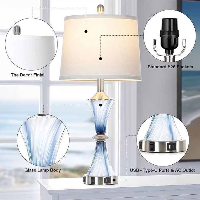 Blue Glass Table Lamp with USB C+A Ports & AC Outlet,Coastal Bedside Lamp for Night Stands Bedroom Living Room,Nightstand Lamp LED Bulbs Included,Single Blue