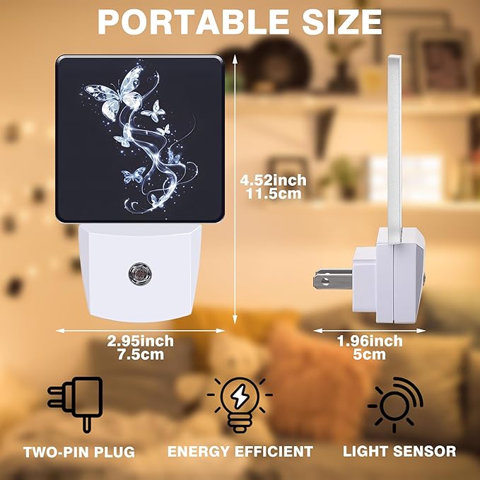 Night Light Glowing Butterflies Night Lights Plug into Wall Smart Dusk to Dawn Sensor 0.5W Energy Efficient Led Lamp for Men Women Bedroom Bathroom Hallway Stairway Decor