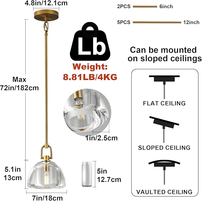 Pendant Light Fixture, 7" Glass Modern Brass Pendant Lights Kitchen Island, Hanging Glass Dome Pendant, Gold Kitchen Pendant Lighting Over Island,E12 Bulb Included
