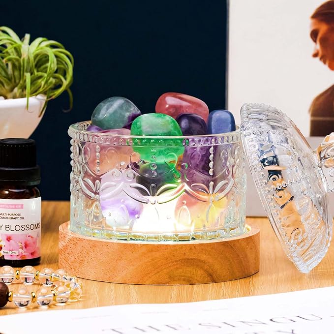 Runyangshi Crystal Lamp Night Light - Natural Colored Fluorite Crystal Tumblestone, 3 Lighting Modes with 10 Brightness Levels, Kid & Pet Friendly Design, USB Powered, Ideal for Home and Decor & Gift