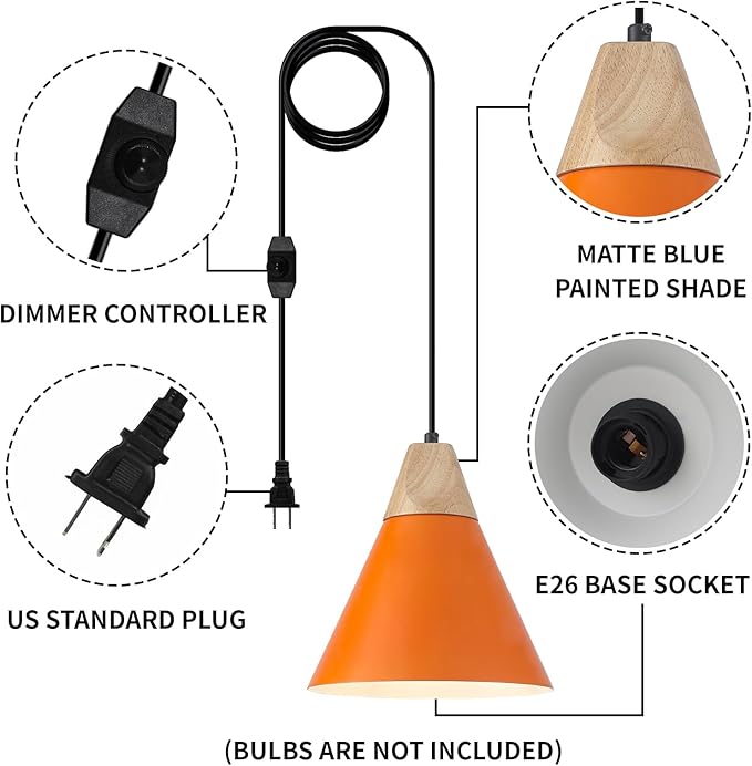 Orange Plug in Pendant Light, 2 Pack 9.4inch Hanging Lights with Plug in Cord 14.7 ft, Hanging Pendant Light, Hanging Lamp Plug in for Bedroom Living Room Kitchen Island