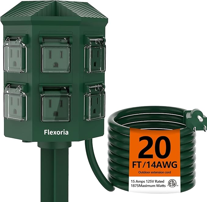 Outdoor Power Strip Waterproof, 20 FT Extension Cord, 6 Grounded Outlets for Christmas Decorations and Inflatables, 15A/1875W, ETL Listed