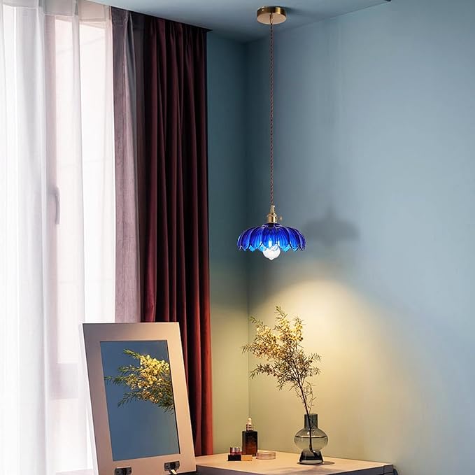 Pendant Lights Kitchen Island:Vintage Blue Pendant Light Fixtures Glass Small Pendant Light Dining Room, Blue Hanging Lamps for Living Room, Schoolhouse, Entryway, Foyer, E26
