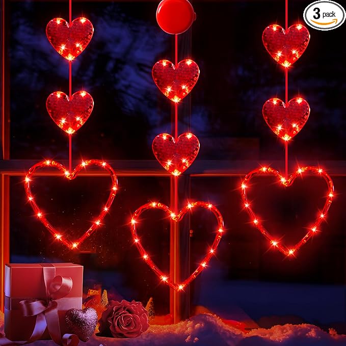 3 Pack Valentines Day Window Lights Decorations with Timer, Battery Powered Hanging Red Lighted Heart Shaped Silhouette Sucker LED Lamp for Fireplace Indoor Home Decor