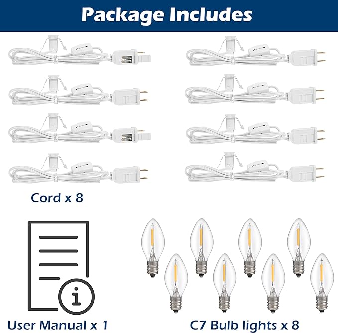Feekoon 8 Packs 6ft Village Light Cord with 1W C7 LED Bulb, Salt Lamp Cord with ON/Off Switch and 2 Spare Fuses, Blow Mold Light Ideal for Christmas Village House Craft Decorations