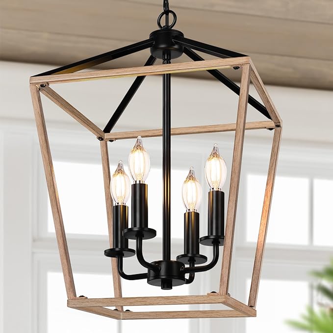 Farmhouse Chandelier 4-Light, Oak Wood Pendant Light Fixture for Kitchen Island Dining Room, Lantern Industrial Lighting Ceiling Hanging with Metal Cage Adjustable Height for Entryway Foyer