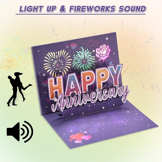 LIGHTS & FIREWORKS Pop Up Anniversary Cards for Couple, Romantic Flower Greeting Card for Wife, Wedding Anniversary Cards for Her with Envelop
