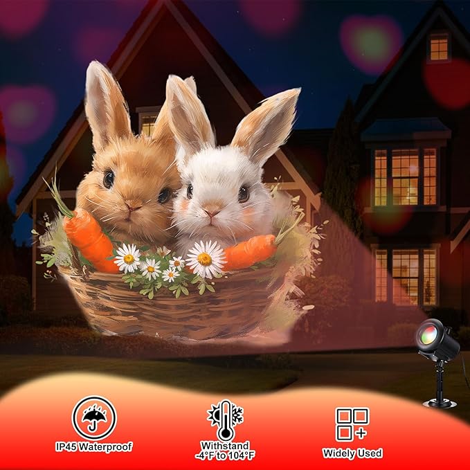 Easter Decorations Projector Light with 12 Film Slides 3 Holidays St. Patrick's Day Easter Valentine, Outdoor Waterproof Landscape Bunny Egg Decorative Lighting Projection Lamp for Party