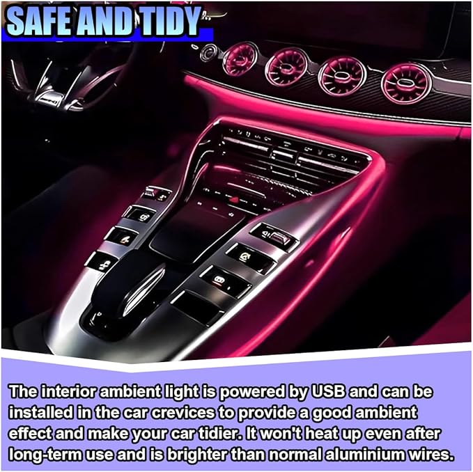 EL Wire Car Interior LED Strip Lights, 5V 16FT Neon Light Strip with Sewing Edge, USB Electroluminescent Car Interior Lights with Fuse Protection, Vehicle Ambient Lighting Decorations (Pink)
