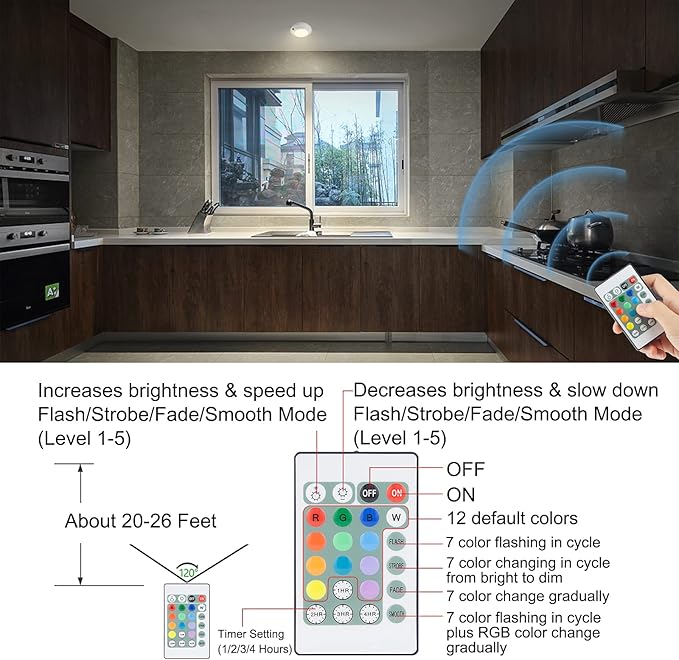 BIGLIGHT Battery Operated LED Ceiling Light, Remote Controlled, 12 Color Changing Mood Light, Hallway Lighting, Dimmable Night Light for Shower Closet Bedroom Corridor Bathroom, 2 Pack