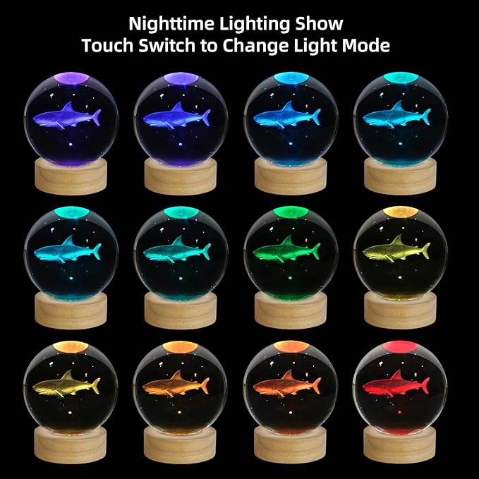 3D Crystal Ball Night Light, 3.15 Inch Glass Ball Lamp with 16 Color LED Wooden Base, Shark Night Light Decor for Birthday, Holiday, Christmas Gifts