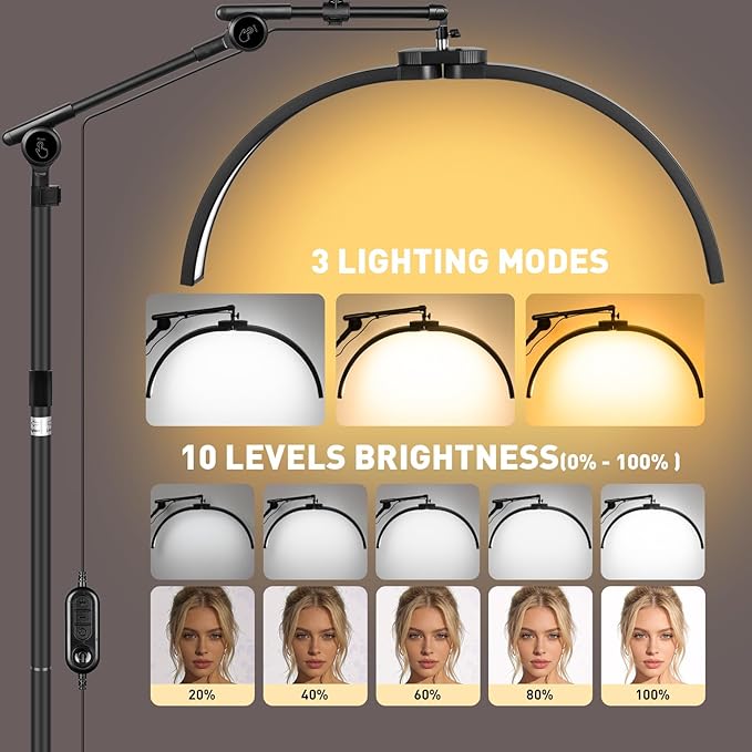 Half Moon Light for Eyelash Tech, 27.5” Ultra-Wide 45W Lash Light with 392 LEDs, Adjustable Height Esthetician Light with Phone Holder, Dimmable Tattoo & Nail Tech Lamp, Salon Lighting(Black