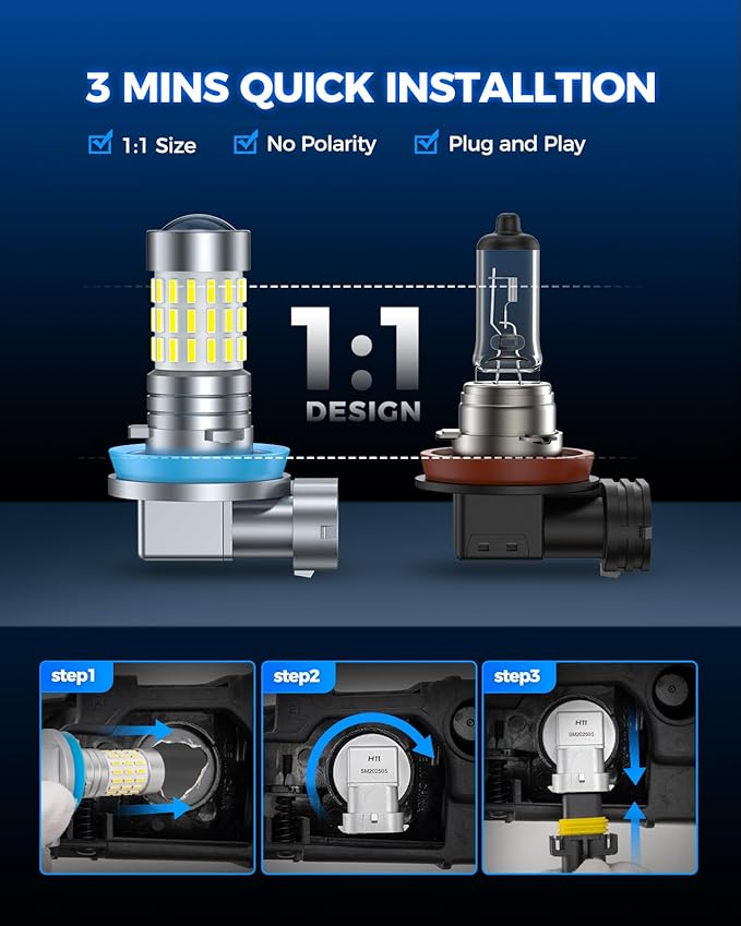 Marsauto H11 H8 LED Fog Light Bulbs or DRL, 10,000 Lumens 6000K White, 48 Chips Fog Lights, H11 Led Bulb 1:1 Mini Size H11/H8/H16 Led Fog Lights, 360° Illumination, Powersports Accessory Lights