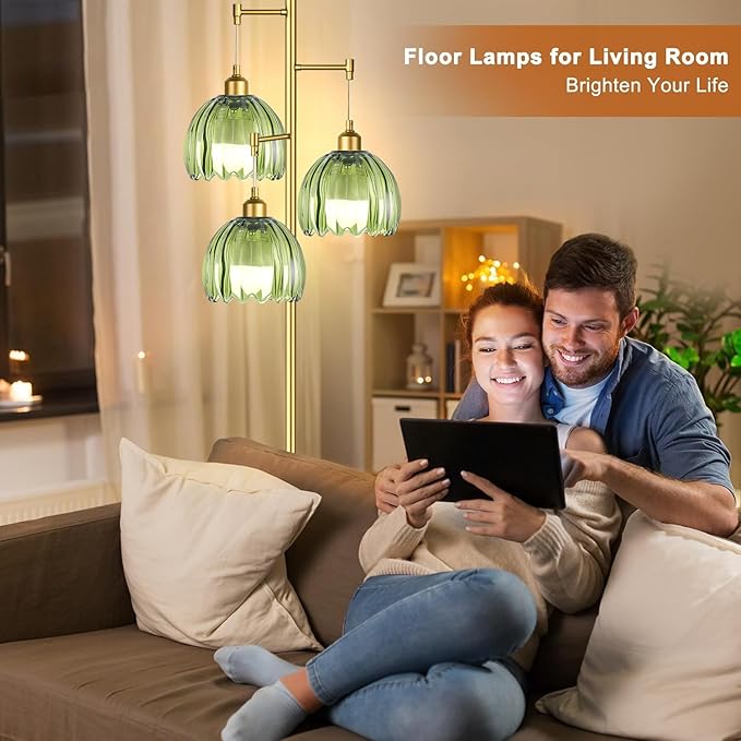 Gold Floor Lamps for Living Room Bedroom-3 Light Glass Floor Lamp with Three Led Bulb, Rustic Tall Floor Lamp Gold Standing Lamp Tree Floor Lamps for Living Room Bedroom,Office,Corner