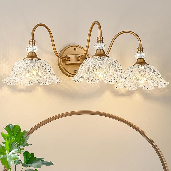 Vintage Bathroom Vanity Light, 3-Light Matte Deep Brass Finish Vanity Light with Flower-Shaped Clear Glass Shades, Retro Wall Sconce for Bathroom