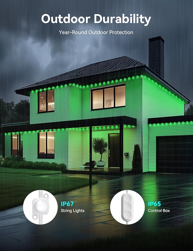Smart Permanent Outdoor Lights, 100FT with 50 LED RGB LED Lights Outside with DIY Colors Scene Modes, IP67 Waterproof Eaves Lights for Christmas Halloween Holiday Party Garden Daily Decorations