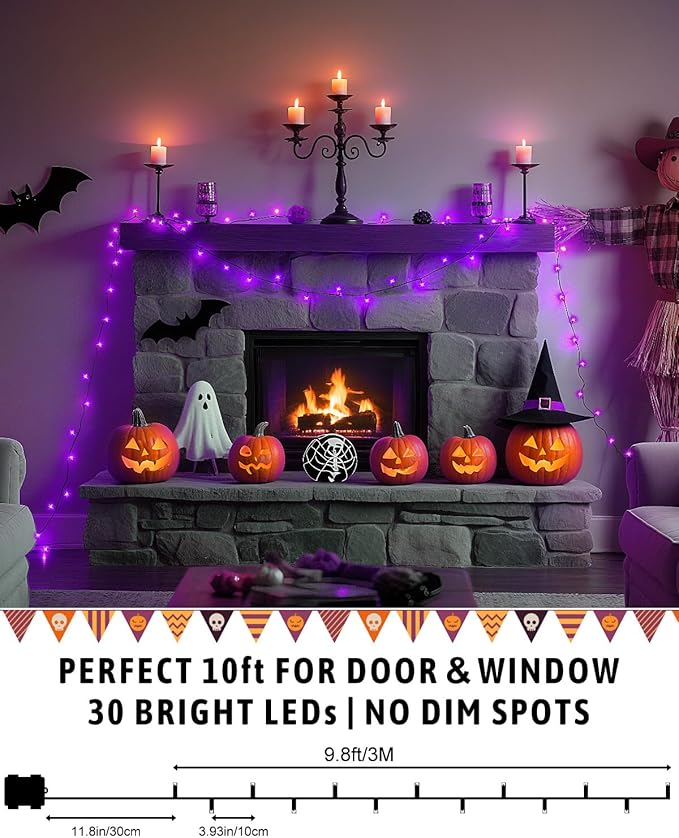 Halloween String Lights Battery Operated, Purple Fairy Lights with Timer Waterproof 9.8ft 30 LED Halloween Decorations for Outdoor Indoor Patio Party Garden Yard Decor 2 Packs