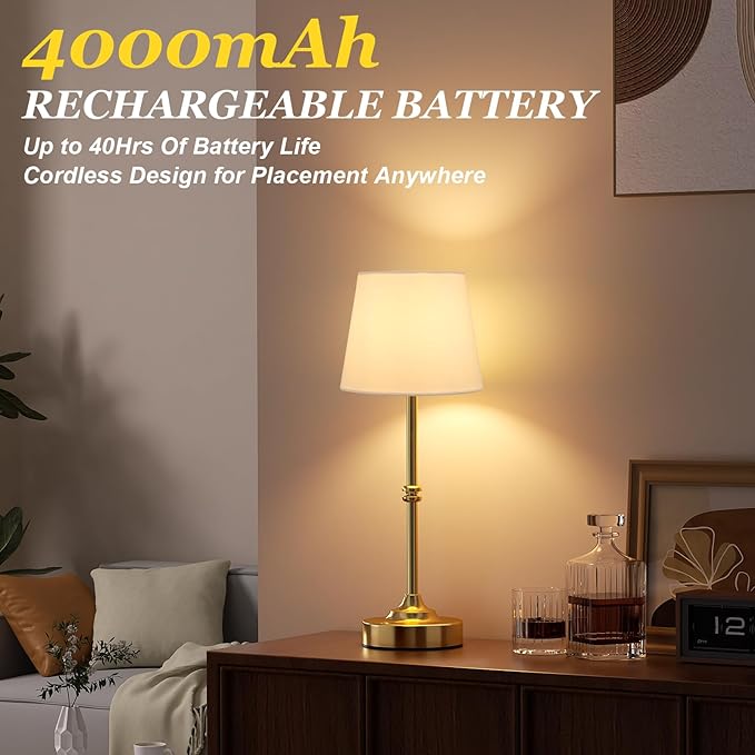 Kakanuo Rechargeable Cordless Table Lamp Gold - 2 Pack Brass 4000mAh Battery Operated Lamp, Touch Control Stepless Dimming, for Home Decor, Dining Table, Living Room, Bedroom