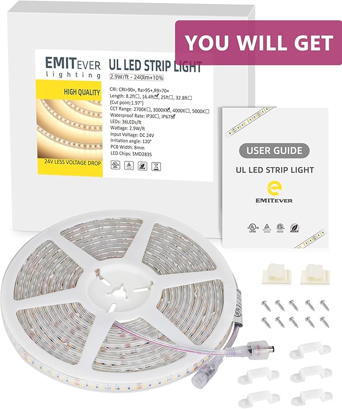 EMITEVER Outdoor LED Strip Lights Waterproof 3000K Warm White, 16.4ft IP67 24V Tape Light UL Listed, 240+LM/ft, High Density 600LEDs, Lighting for Bathroom,Pool,Patio,Garden(Power Supply Not Included)