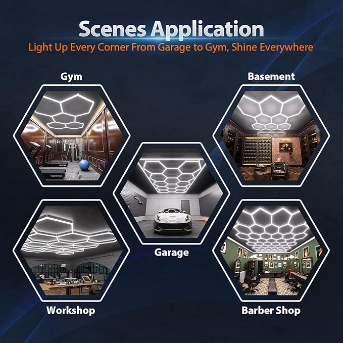 Hexagon Garage Lights 105W 12600LM, 6500K Ultra-Bright Hexagon LED Lights for Garage, 3 Grid Systems Honeycomb Hex Light for Workshop, Basement, Car Detailing, Gaming Room